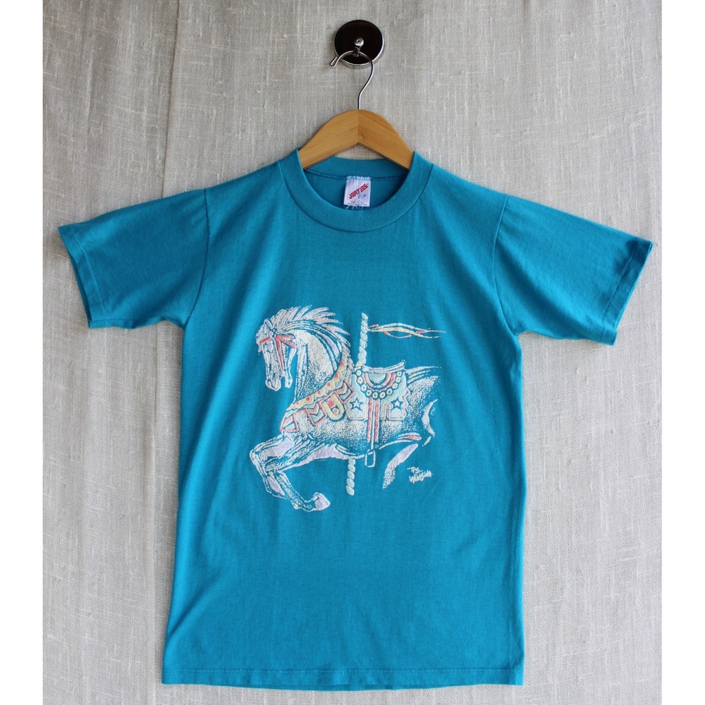 Vintage 80s Jerzees Carousel Horse Puff Print T-Shirt Teal Single Stitch Small